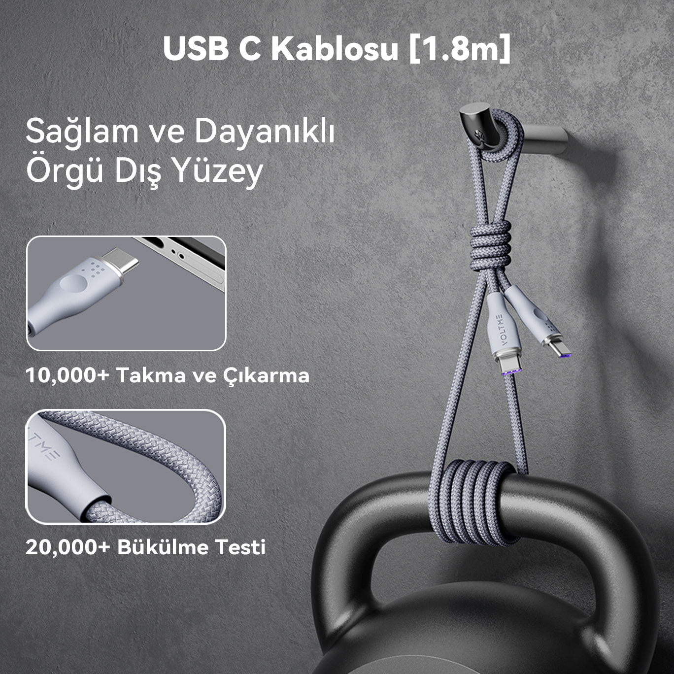 Bir kancadan asılı gri bir USB-C kablosu, kabloyu ve özelliklerini gösteren resimlerle.