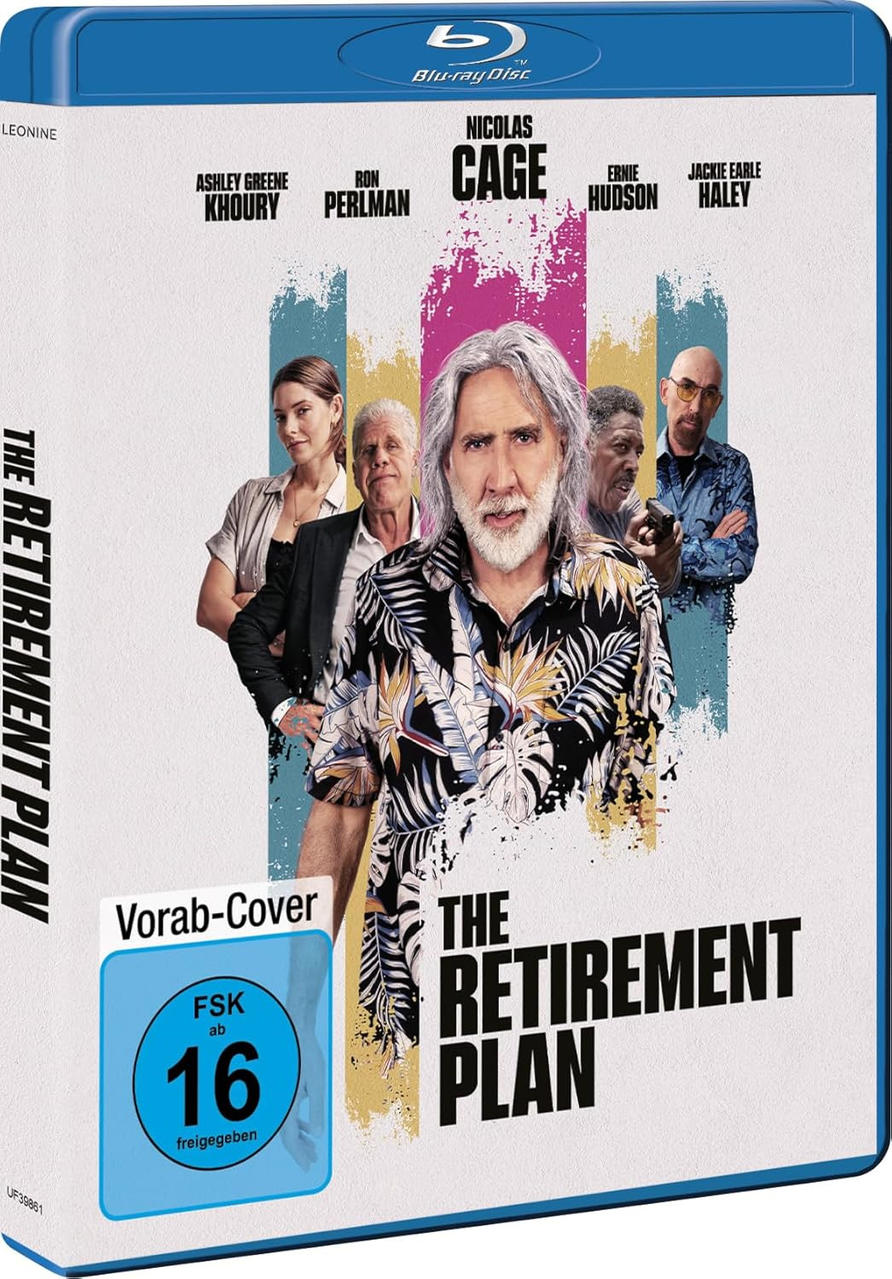 DVD-Hülle mit Filmtitel, Schauspielern und Bewertung. Der Film heißt 'The Retirement Plan'.