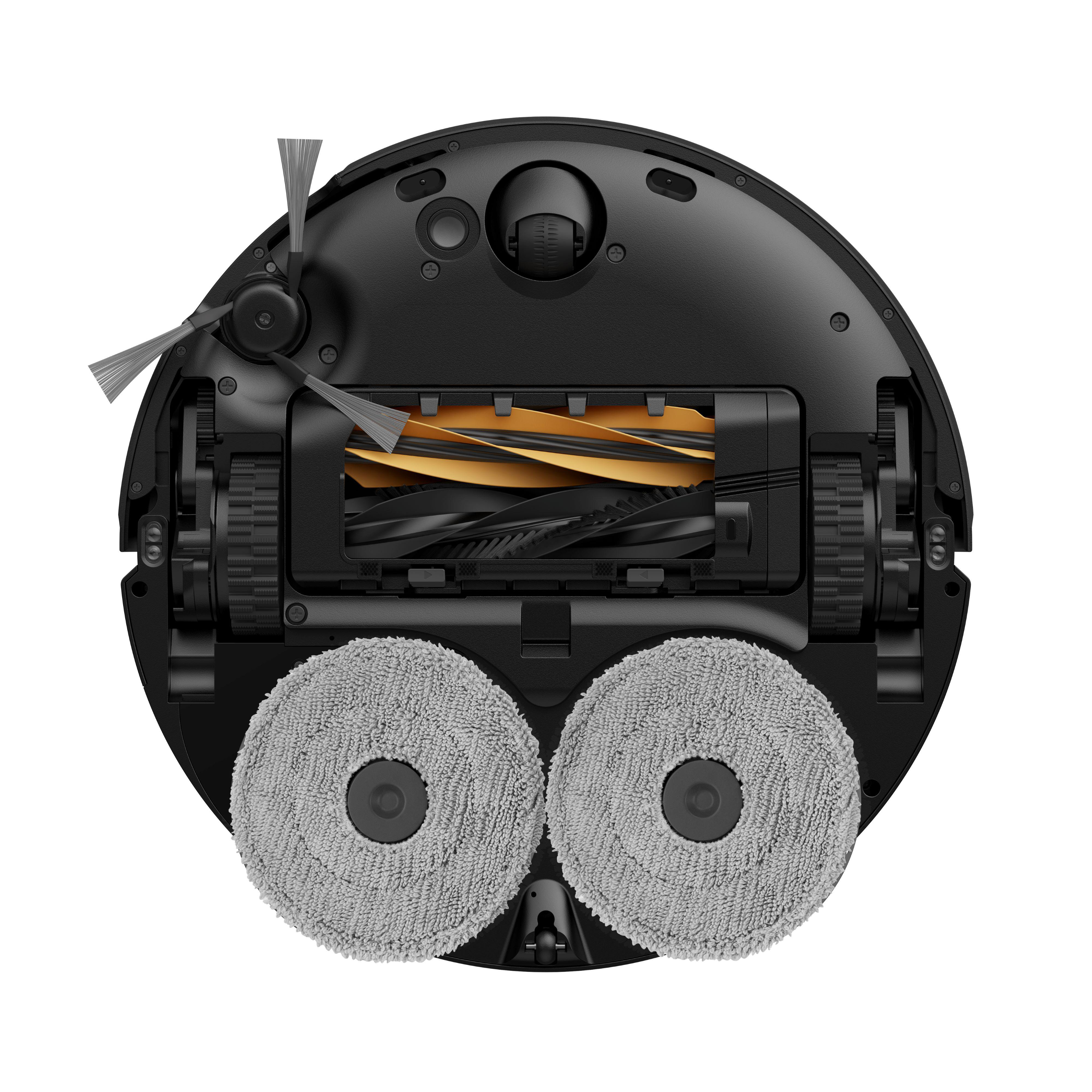 Unteransicht eines schwarzen Roboter-Staubsaugers. Zwei Wischmopp-Pads sind sichtbar.