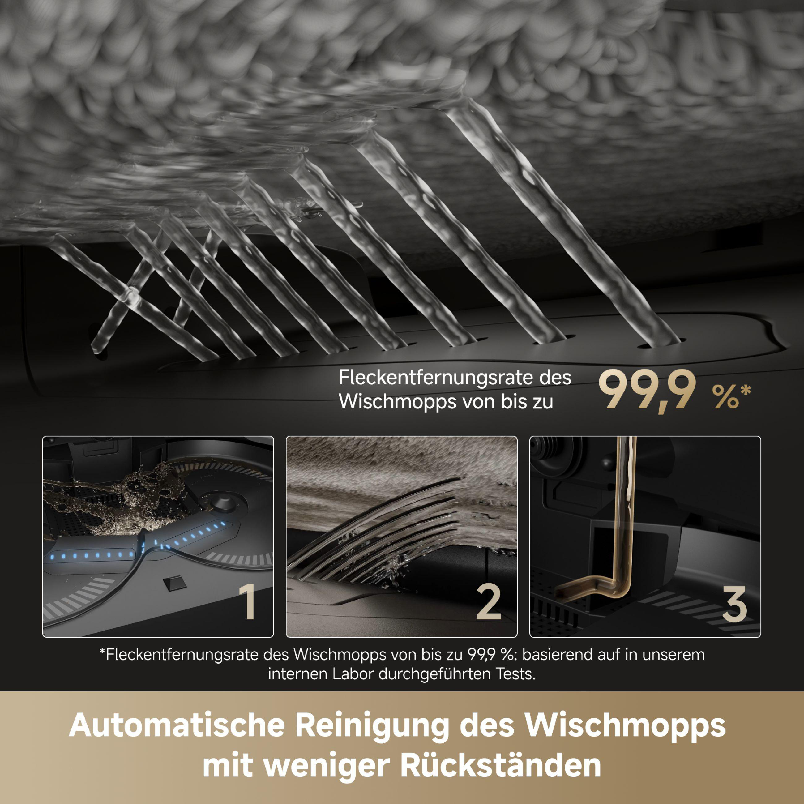 Nahaufnahme eines Roboter-Staubsaugers, der die Reinigung demonstriert. Textüberlagerung und Bilder.