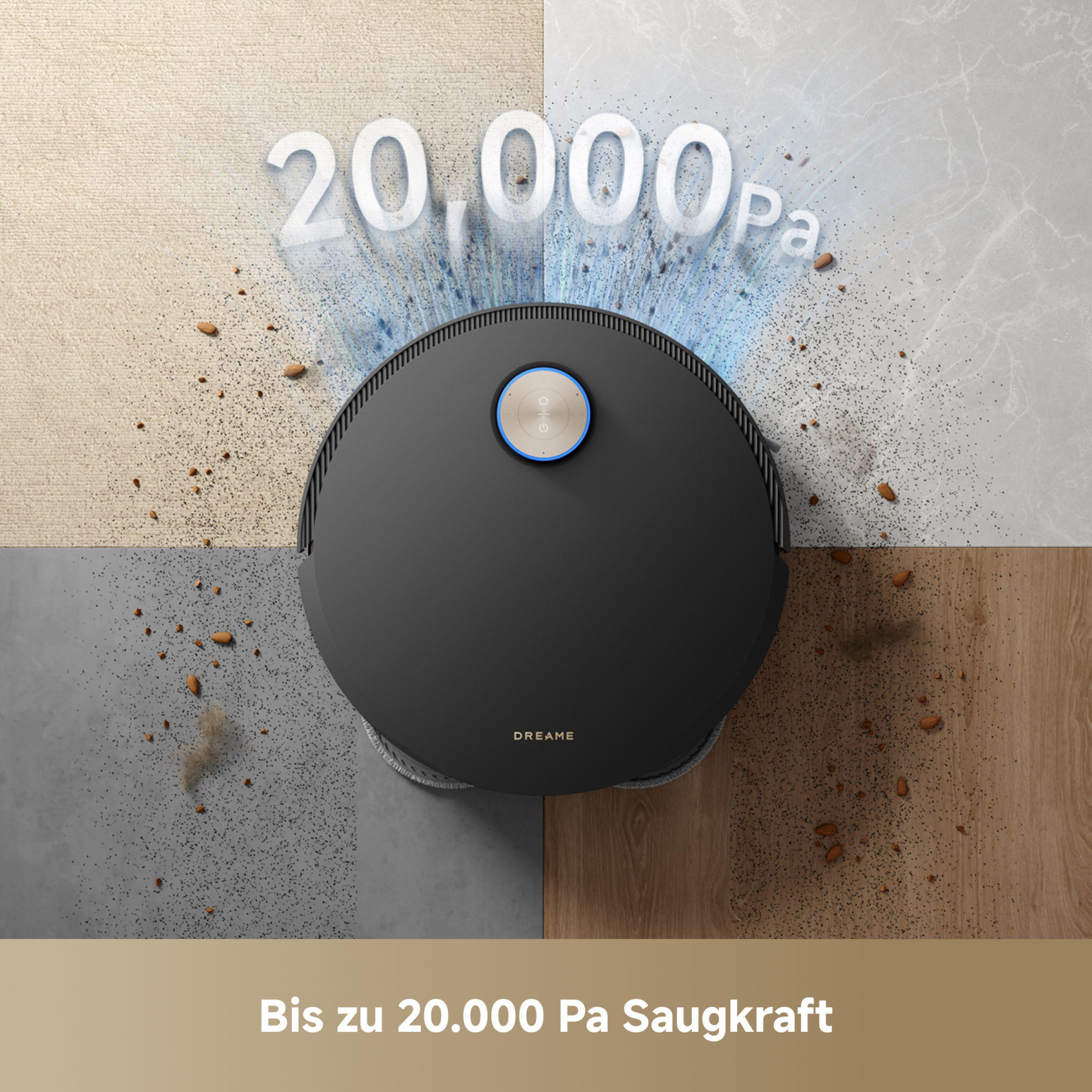 Schwarzer Roboter-Staubsauger auf verschiedenen Bodenoberflächen mit Pa-Wert.