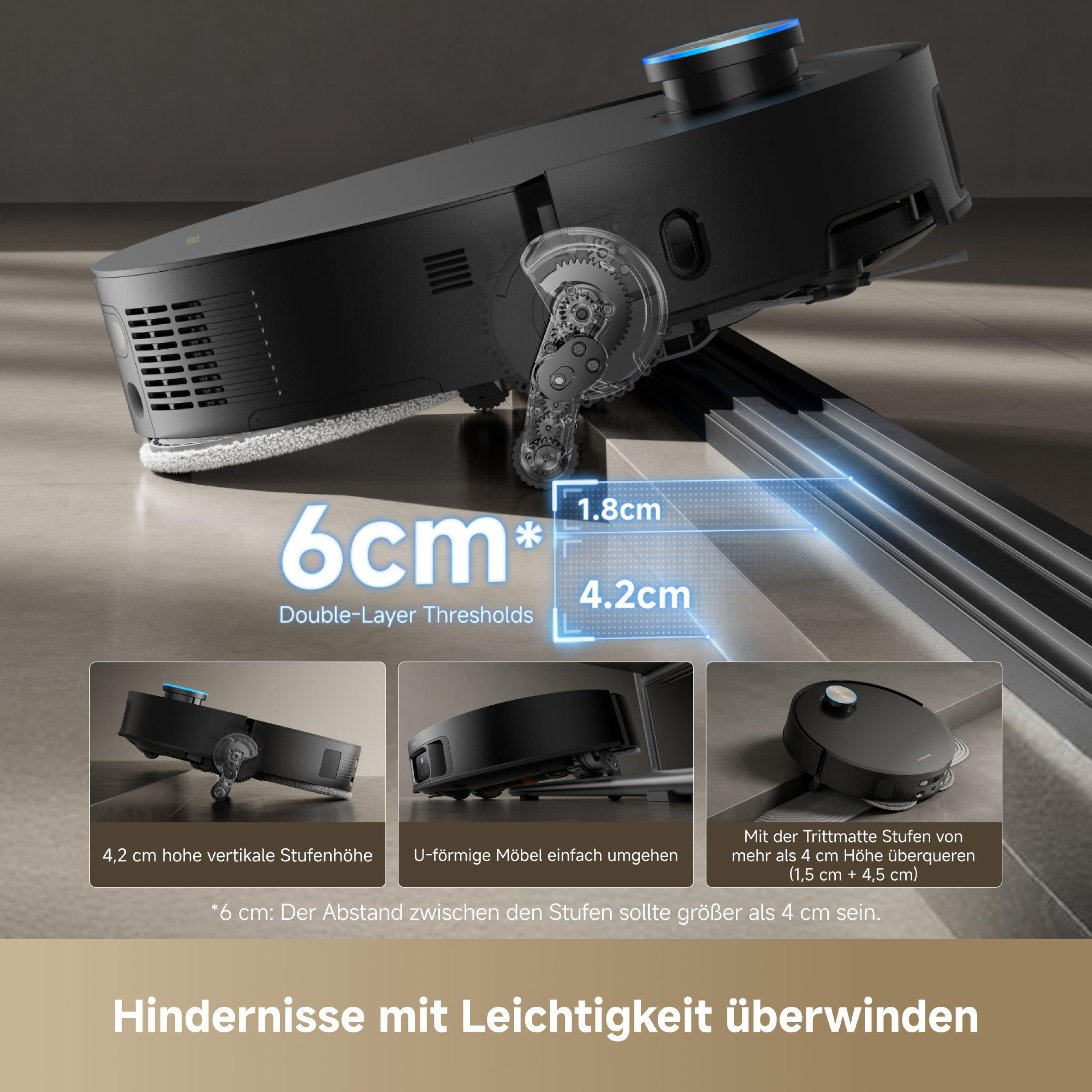 Roboter-Staubsauger, der seine Fähigkeit demonstriert, kleine Hindernisse zu überwinden.