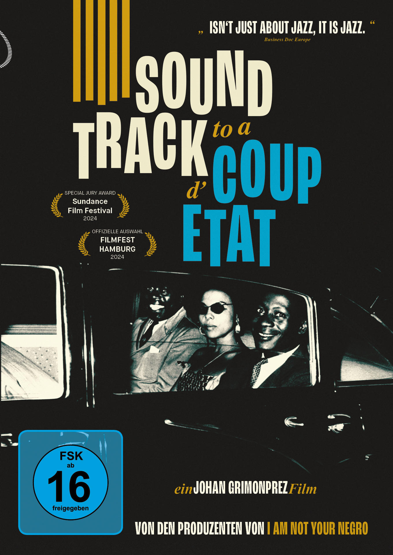Filmplakat für Soundtrack to a Coup d'Etat. Menschen in einem Auto, Text und Auszeichnungen.