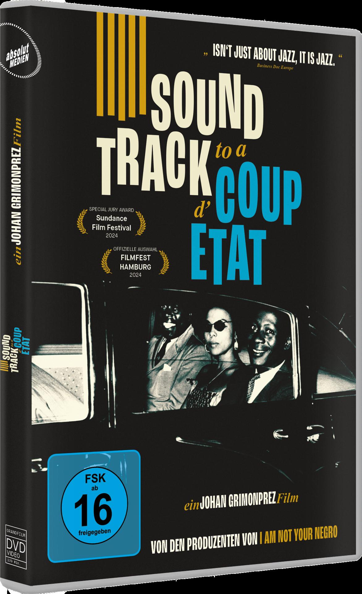 Ein DVD-Cover für 'Soundtrack to a Coup d'État' mit einer Autoszene mit Personen.