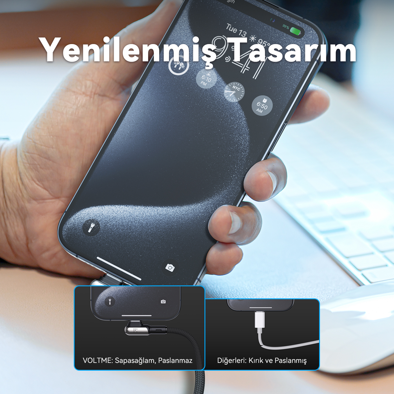 Bir el, şarj portlarının ve kabloların yakın çekimleriyle siyah bir akıllı telefon tutuyor.