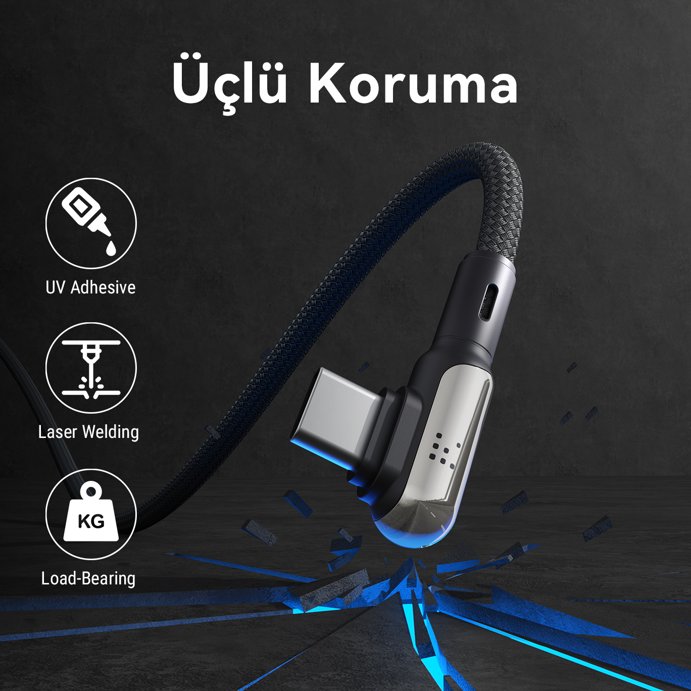 Örgülü kablolu siyah ve gümüş USB-C kablosu. Türkçe metin: 'Üçlü Koruma'.