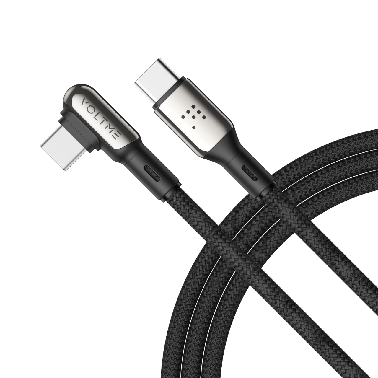 Açılı ve düz konektörlere, gümüş vurgulara ve VOLTME logosuna sahip siyah örgülü bir USB-C kablosu.