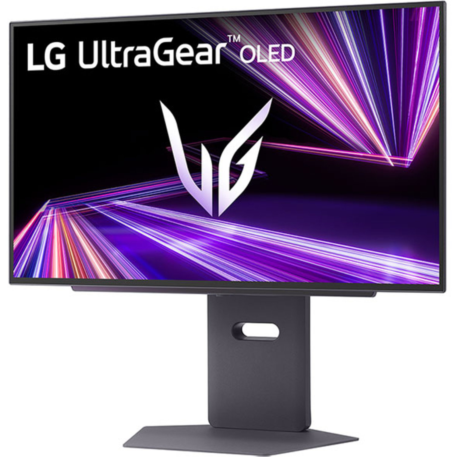 LG UltraGear OLED monitor. Display shows purple and white light trails, LG logo and stand.