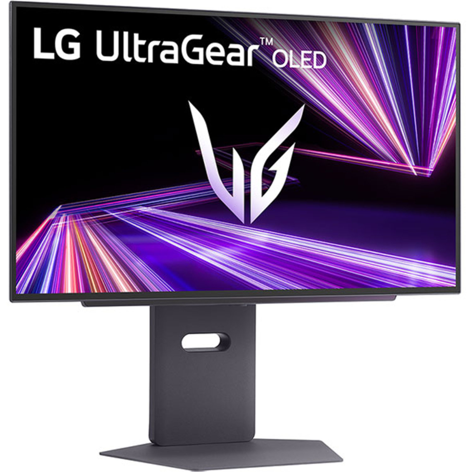 An LG UltraGear OLED monitor. The screen displays the logo and a dynamic purple and white light pattern. It has a dark stand.