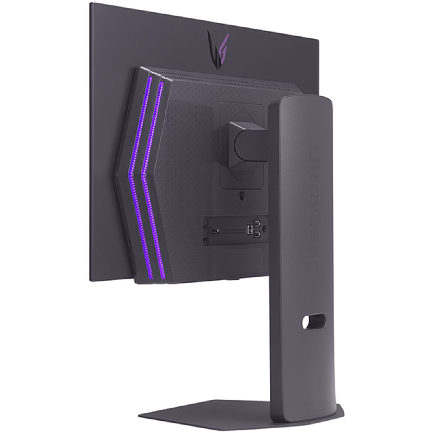 The back of a black LG UltraGear gaming monitor. It has a stand, purple LED lights, and ports.