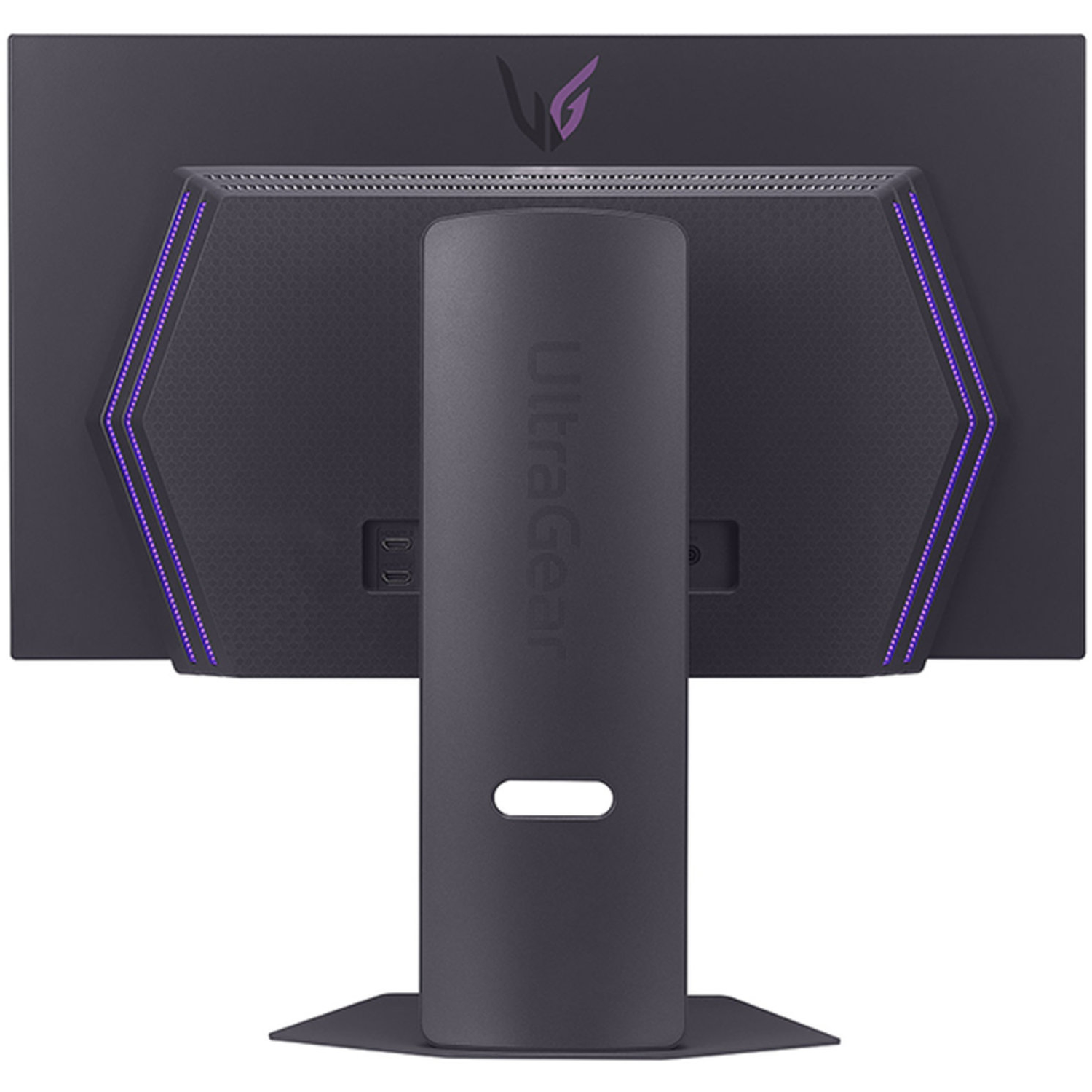 The back of a black Ultragear monitor is shown. It has purple accents, a stand, and the Ultragear logo. Ports are visible.