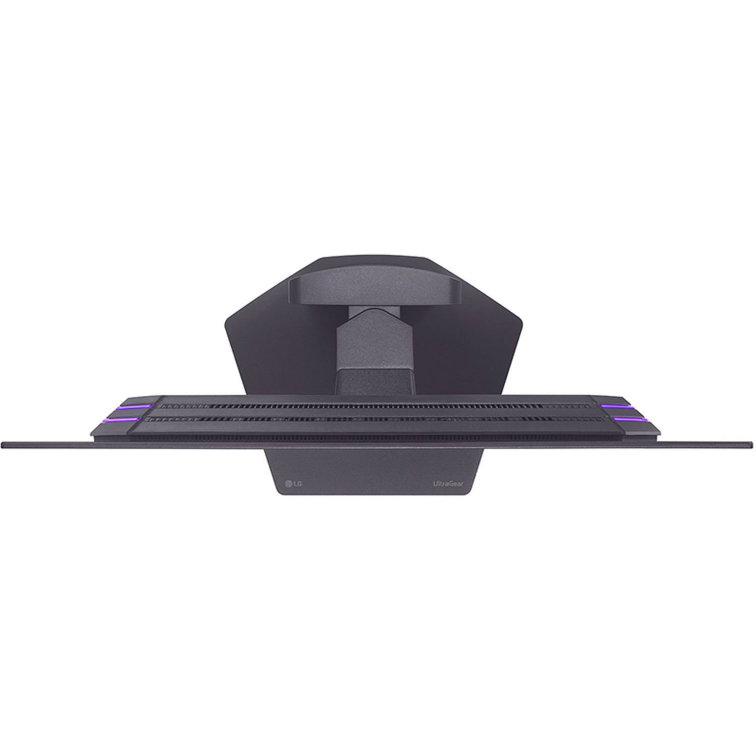 Top view of a dark monitor with purple accents. The stand is dark gray, and the screen is black. The LG and UltraGear logos are visible.