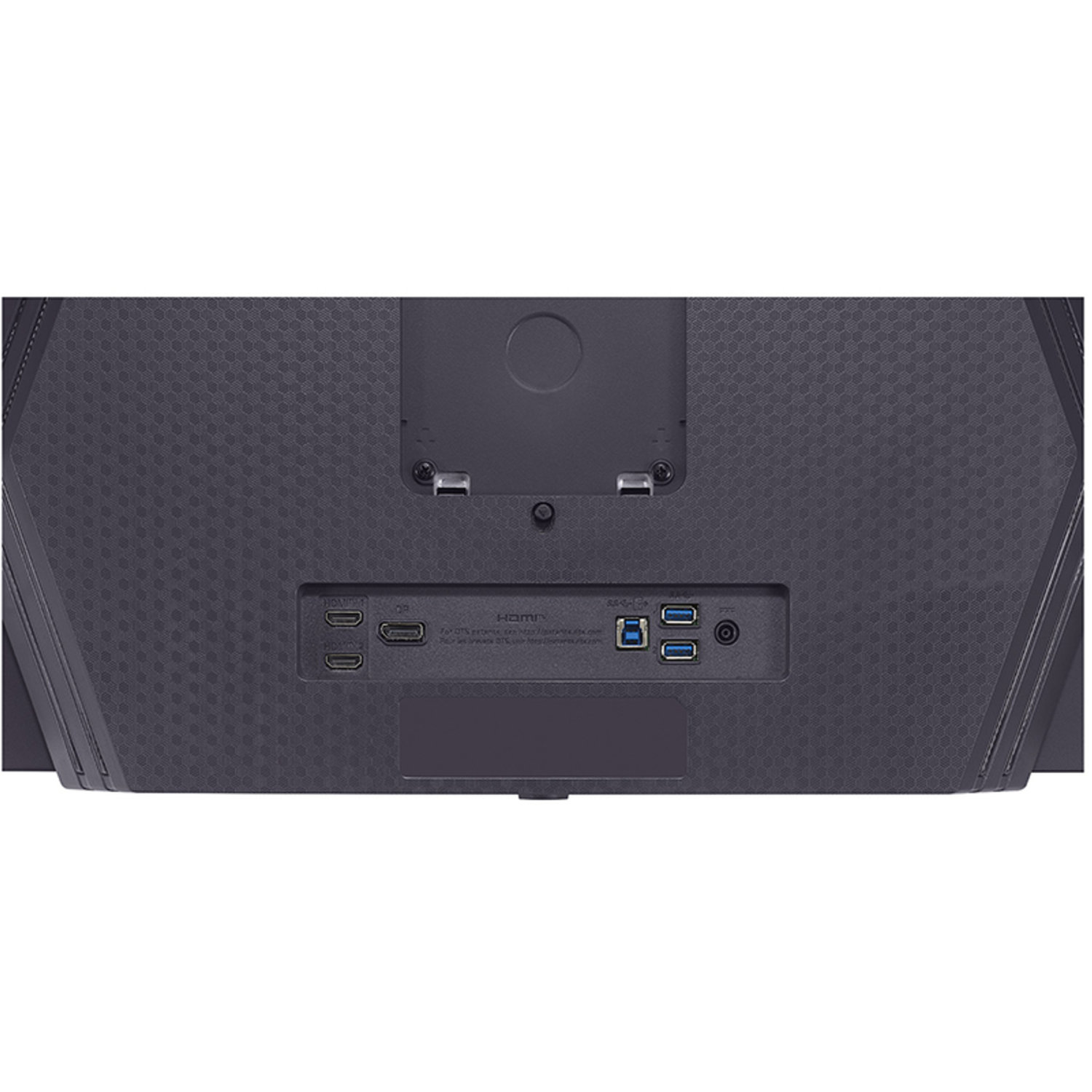 The back of a black monitor with various ports: HDMI, USB, and power. It has a textured surface with a central mounting point.
