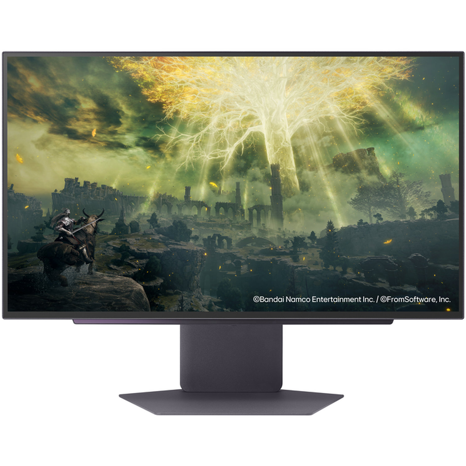 Monitor displays a fantasy scene: warrior on a beast, golden tree, and ruined architecture. The monitor has a dark base.