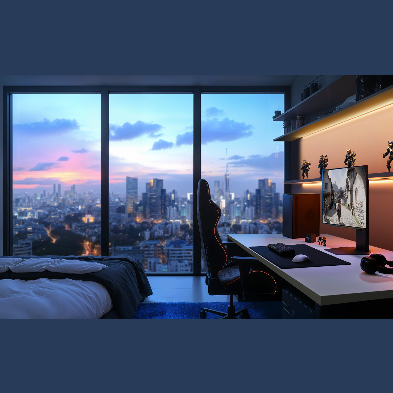 A gaming setup with a city view. A bed is in the foreground. A desk with computer, chair, and a cityscape in the background.