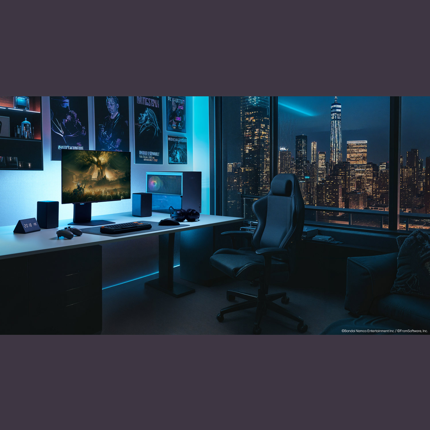 Gaming setup with a computer, monitor, keyboard, and chair. City skyline through the window. Posters on the wall.