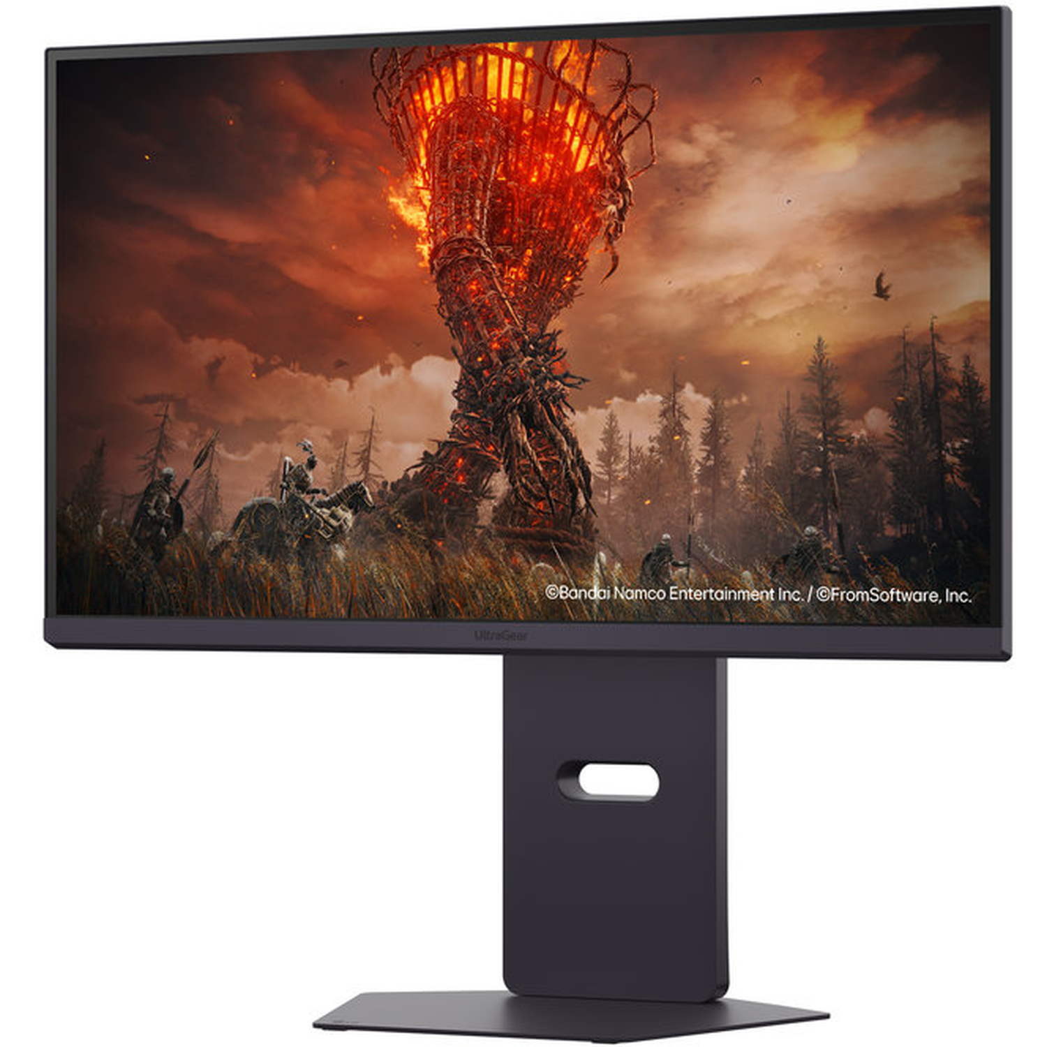 Monitor toont een vurige scène met een grote structuur, krijgers en een donkere hemel. De monitor heeft een zwarte standaard.