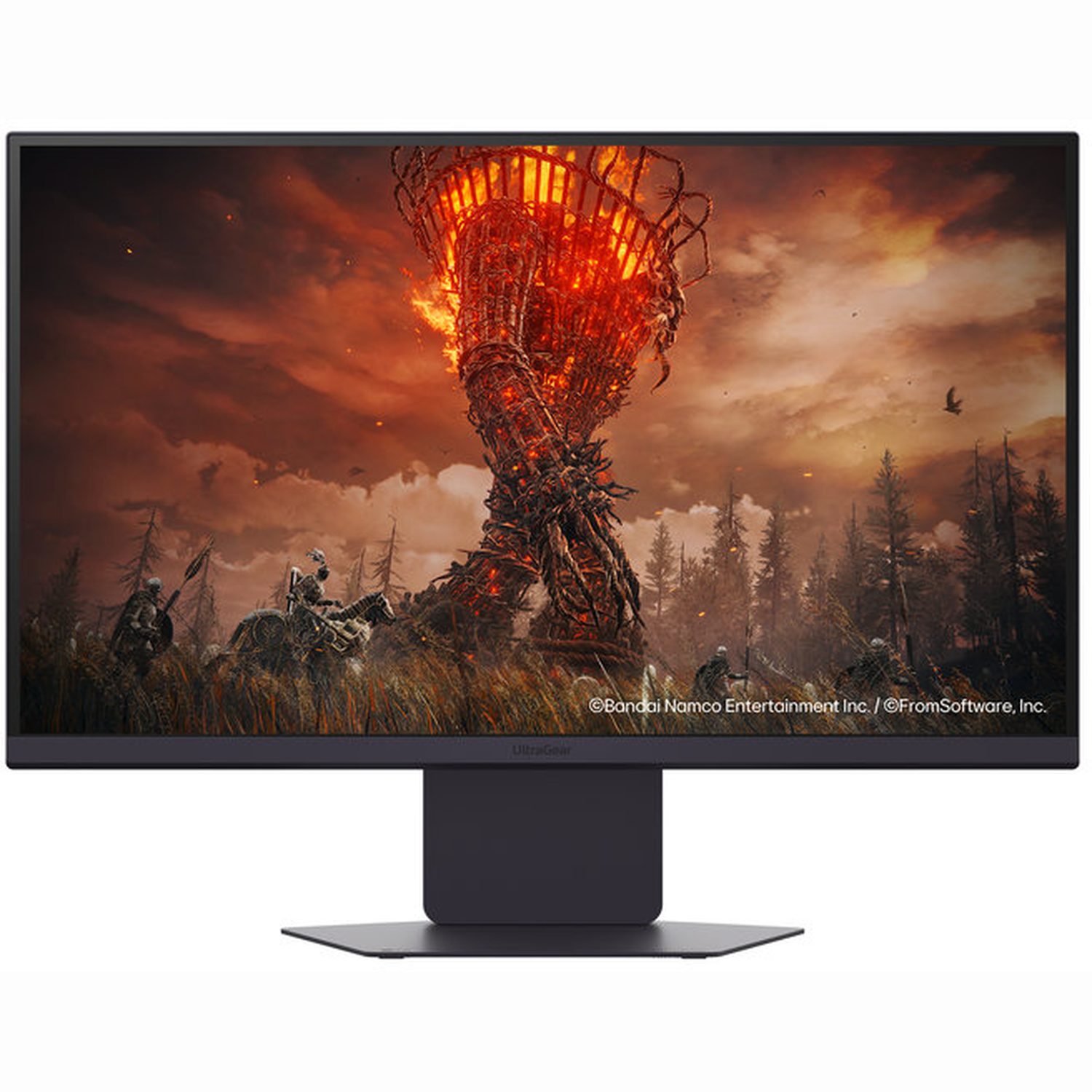 Monitor met een vurige scène met een grote structuur, krijgers en een bos, tegen een dramatische lucht.
