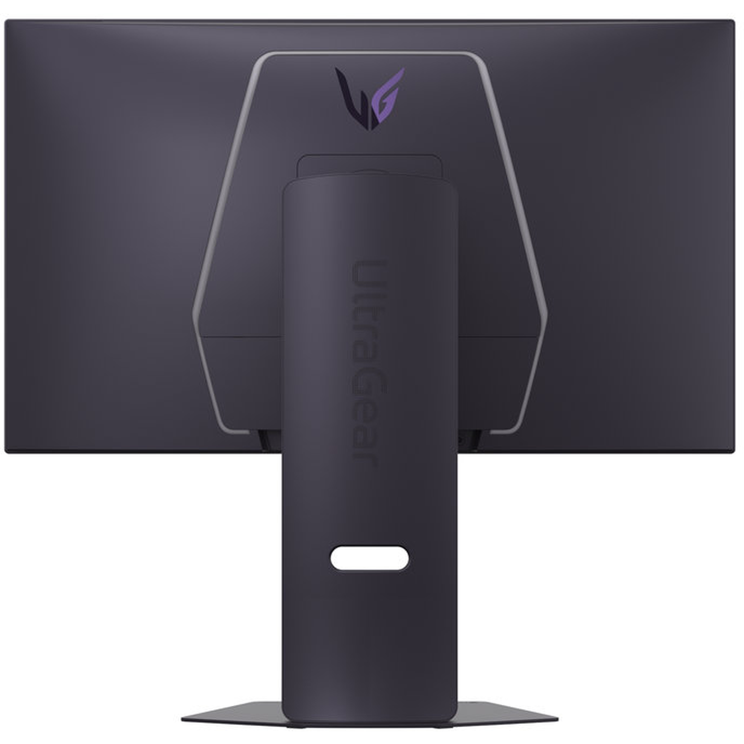 De achterkant van een zwarte UltraGear monitor wordt getoond, met het merklogo bovenaan. De standaard is donker en het scherm is donkergrijs.