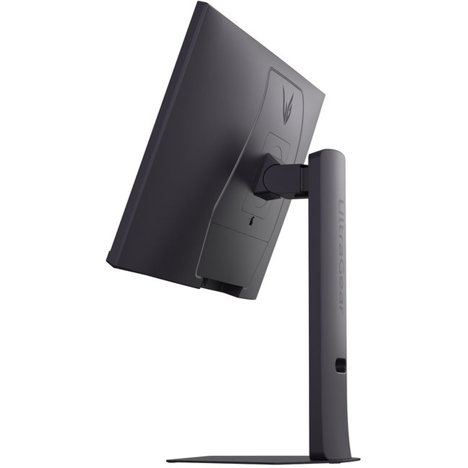 Een zwarte computermonitor, gekanteld. De standaard is ook zwart en heeft het woord Ultragear erop. De achtergrond is wit.