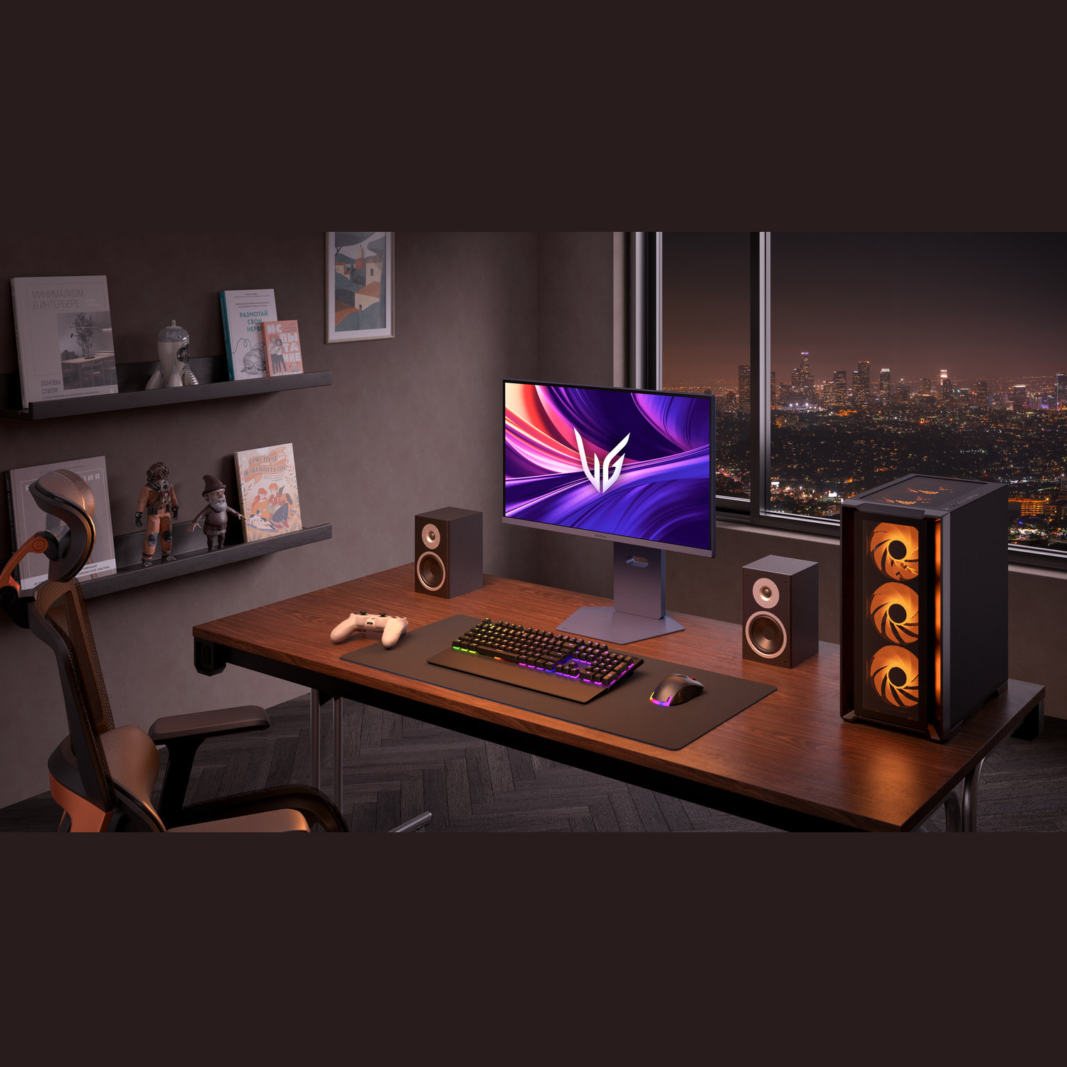 Gaming setup met monitor, speakers, toetsenbord, muis en pc-kast. Nachtzicht op de stad, boeken en een stoel.