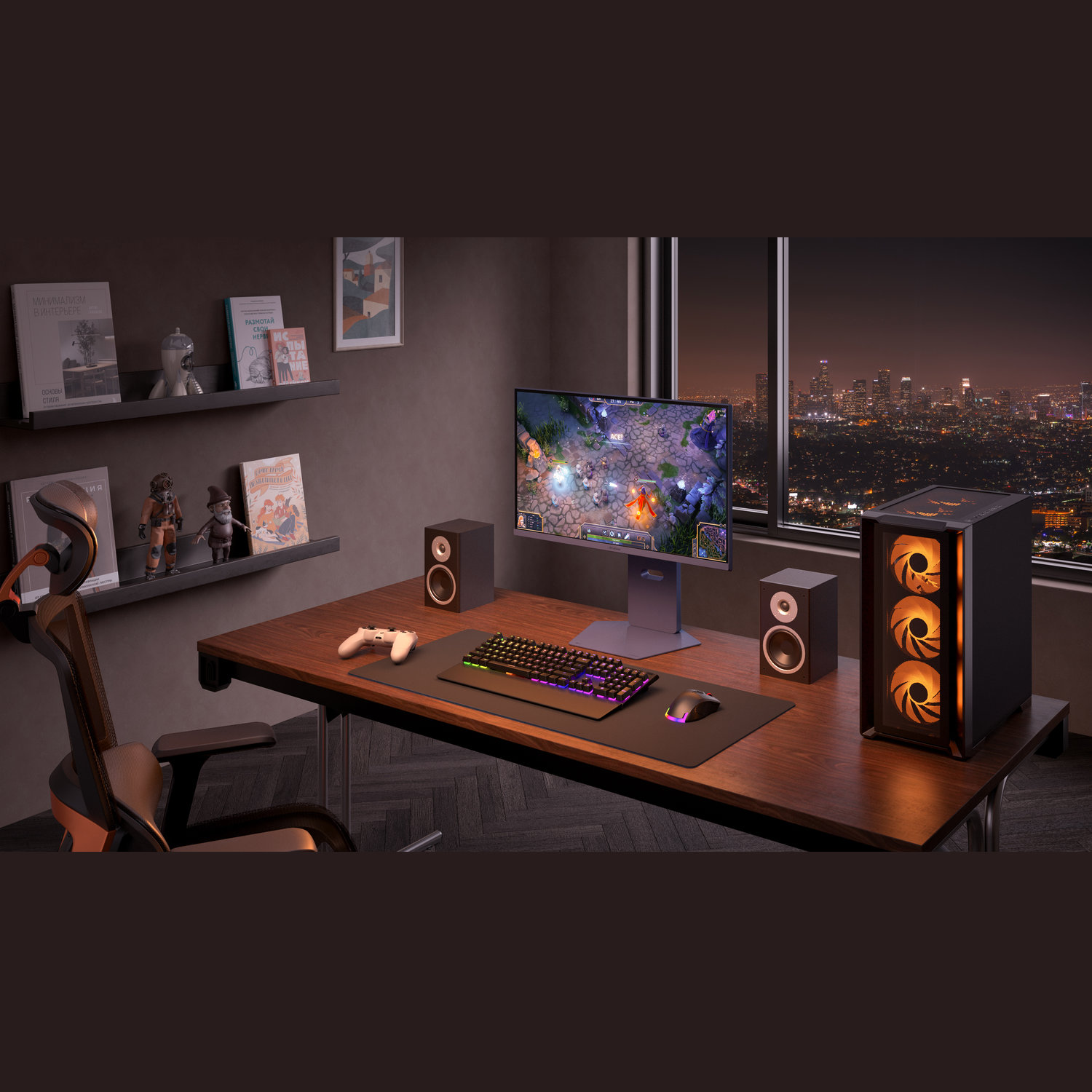 Gaming-opstelling met een monitor, luidsprekers, toetsenbord en pc. Boekenplank aan de muur, uitzicht op de stad door het raam.