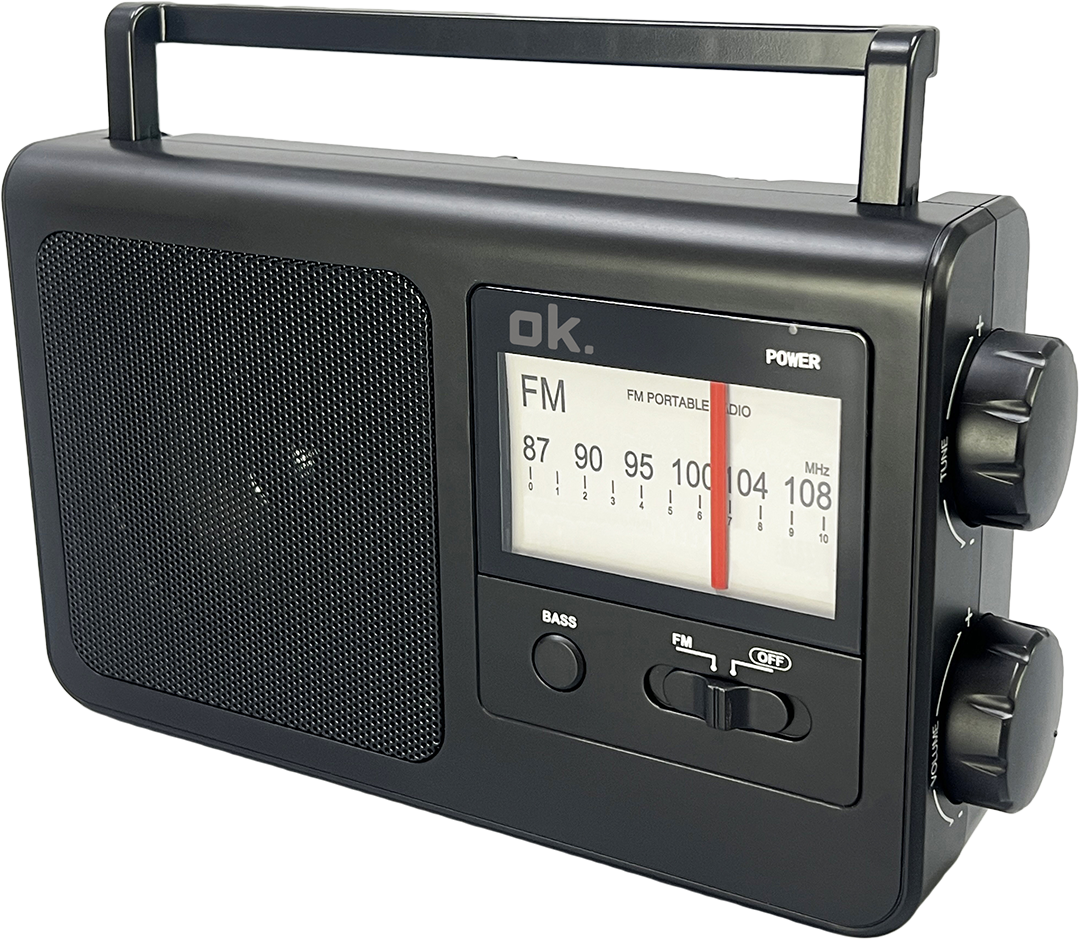 Schwarzes tragbares Radio mit Griff, Lautsprecher, Display und Knöpfen.