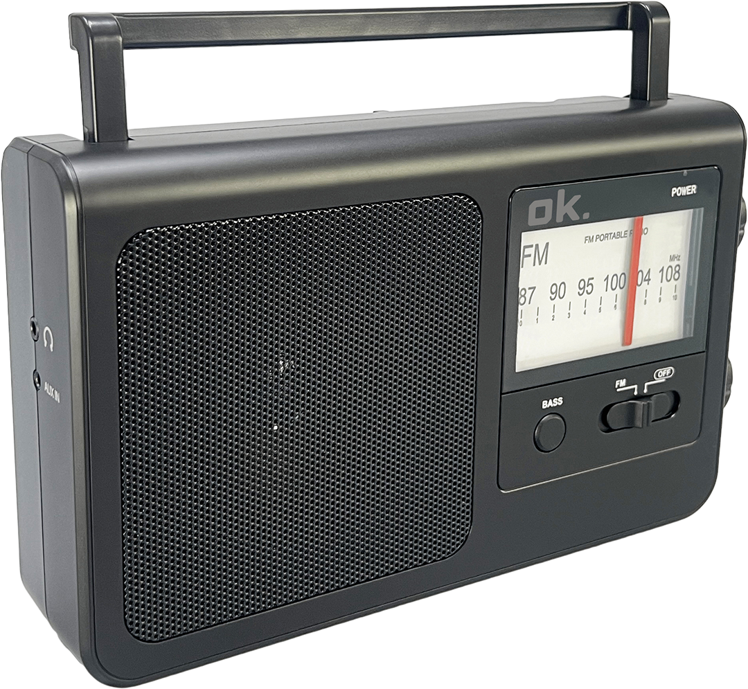 Ein schwarzes tragbares Radio mit Griff, mit einem Tuner-Drehrad und Knöpfen, mit einem ok.-Logo.