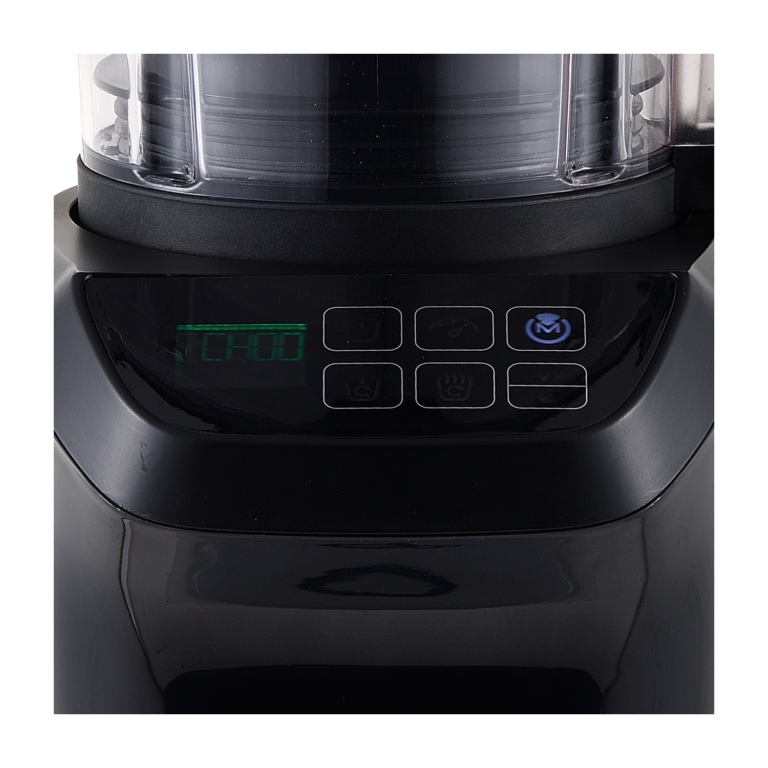 Primo piano del pannello di controllo di un robot da cucina nero con display digitale e pulsanti.