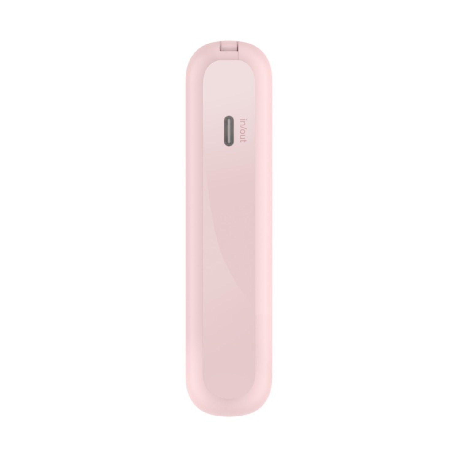 Dispositivo rosa, rettangolare con un solo pulsante. Sfondo bianco.