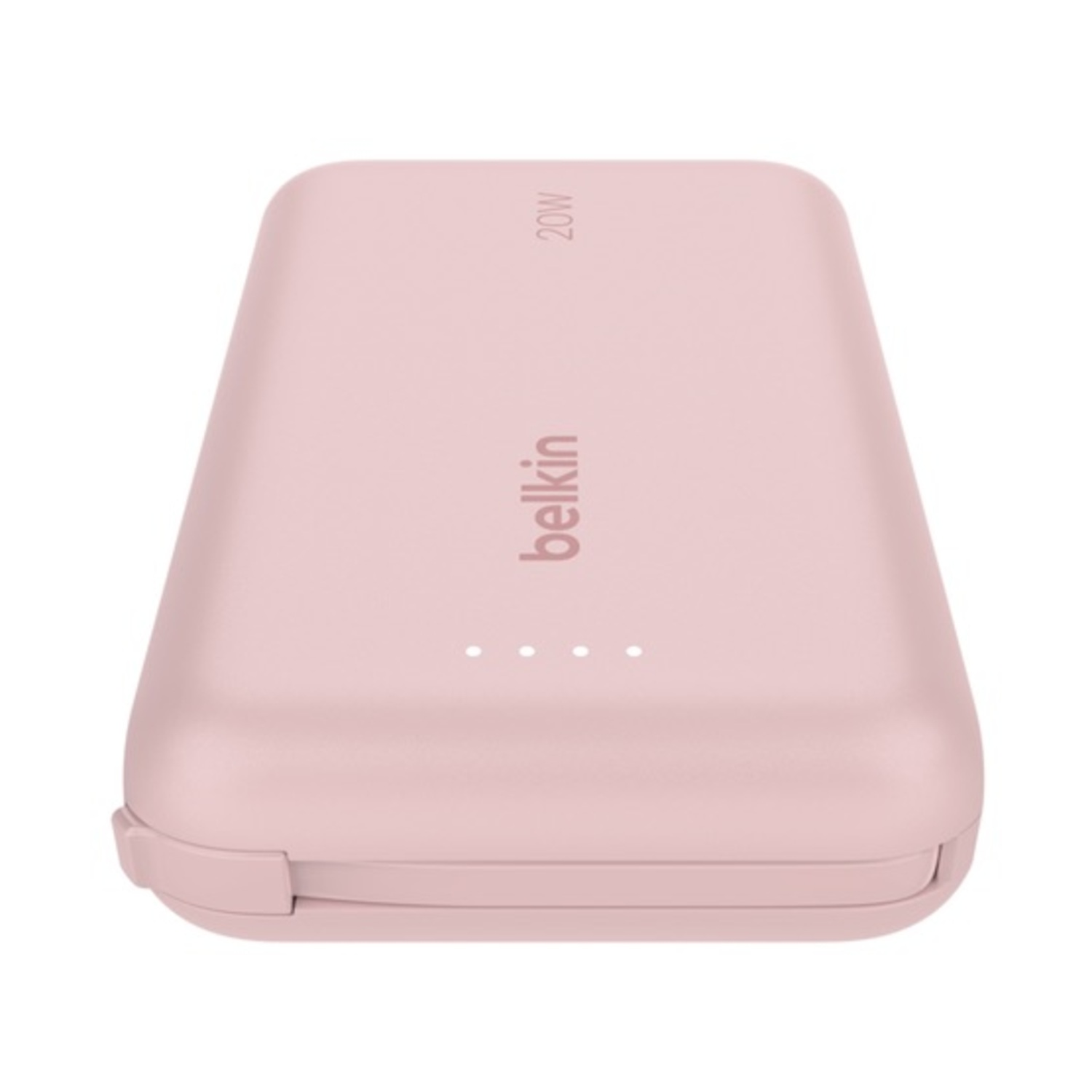 Un power bank Belkin rosa con testo 20W e tre luci bianche. Sfondo bianco.
