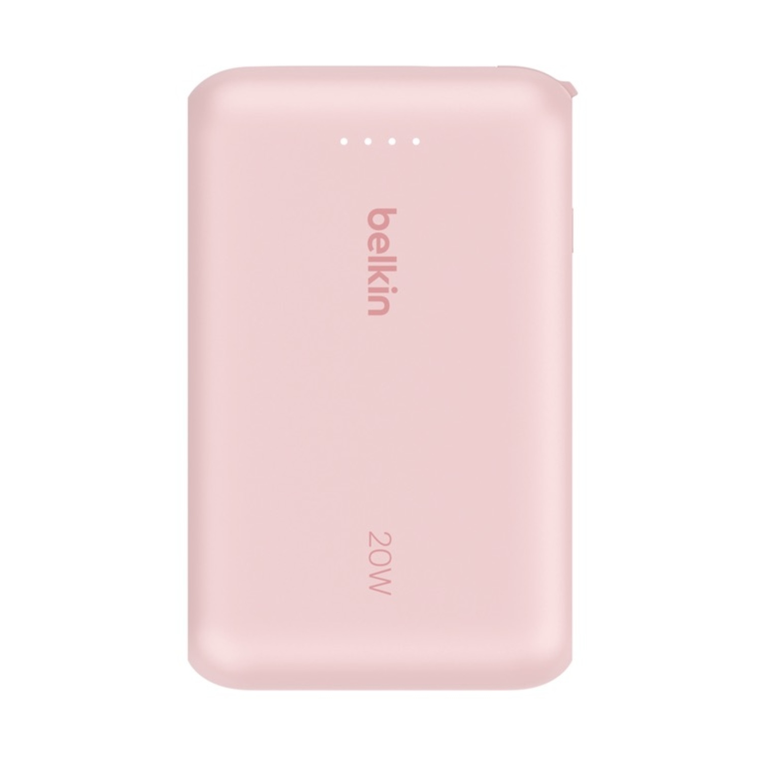 Power bank rosa con il logo Belkin e un'etichetta da 20W. Sfondo bianco.