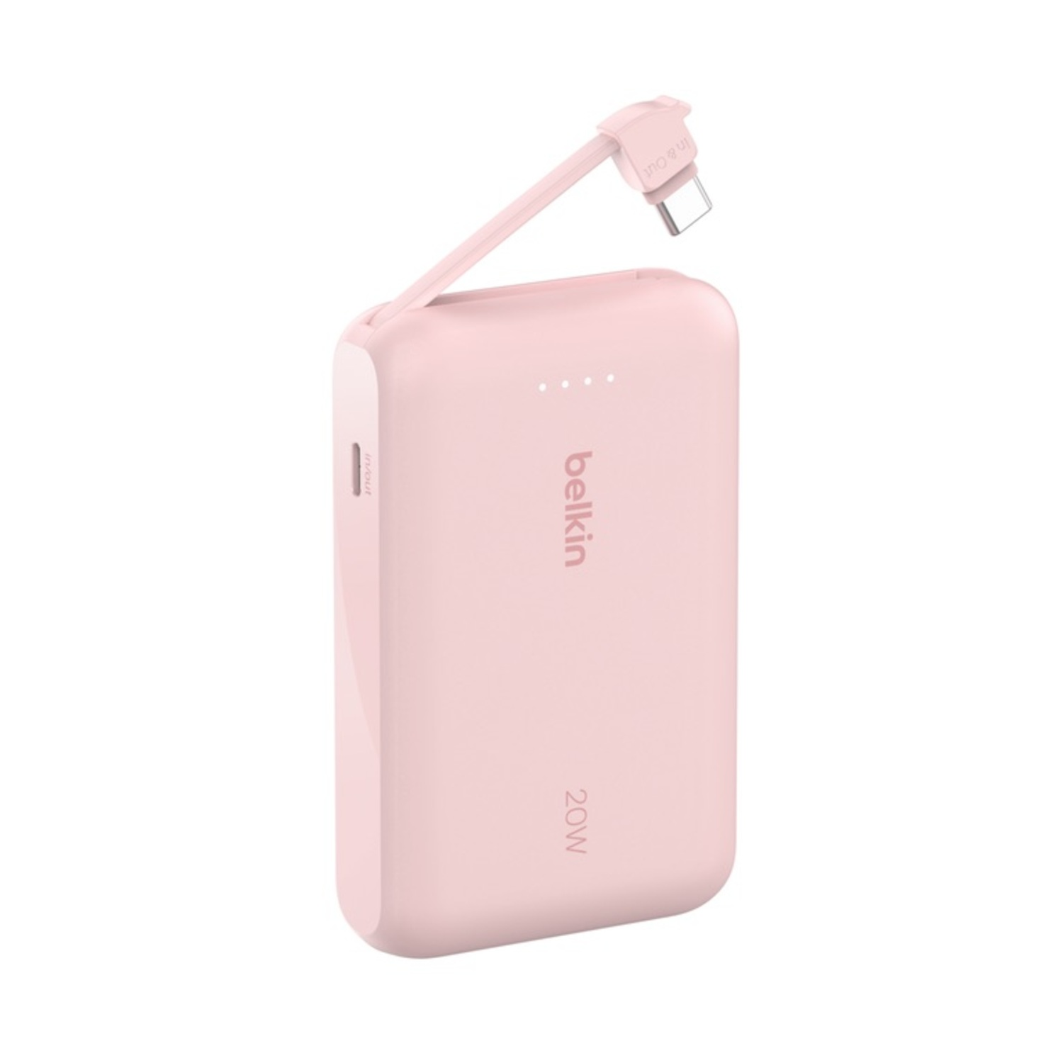 Power bank Belkin rosa. Ha un cavo di ricarica collegato e l'etichetta da 20W.