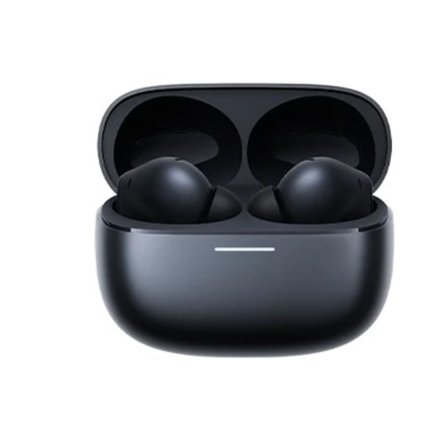 Black earbuds in a charging case. White background.
