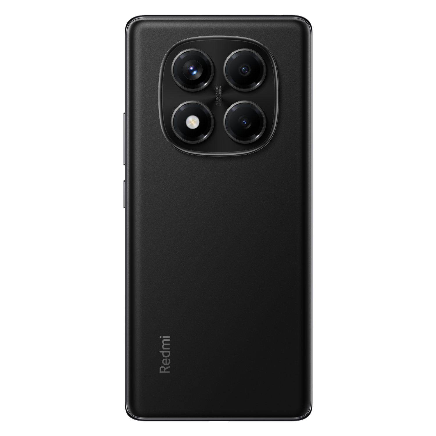 Black Xiaomi phone with a circular camera module and the Redmi logo.