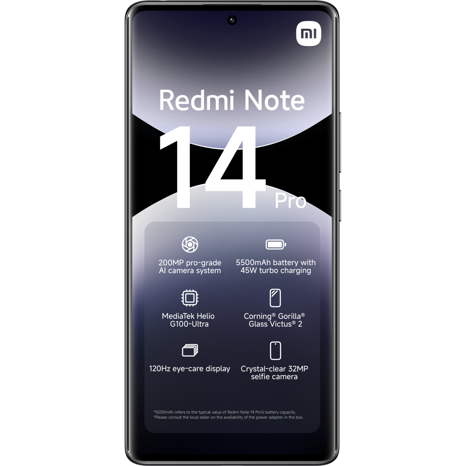 Redmi Note 14 Pro phone display, black background, with key features listed.