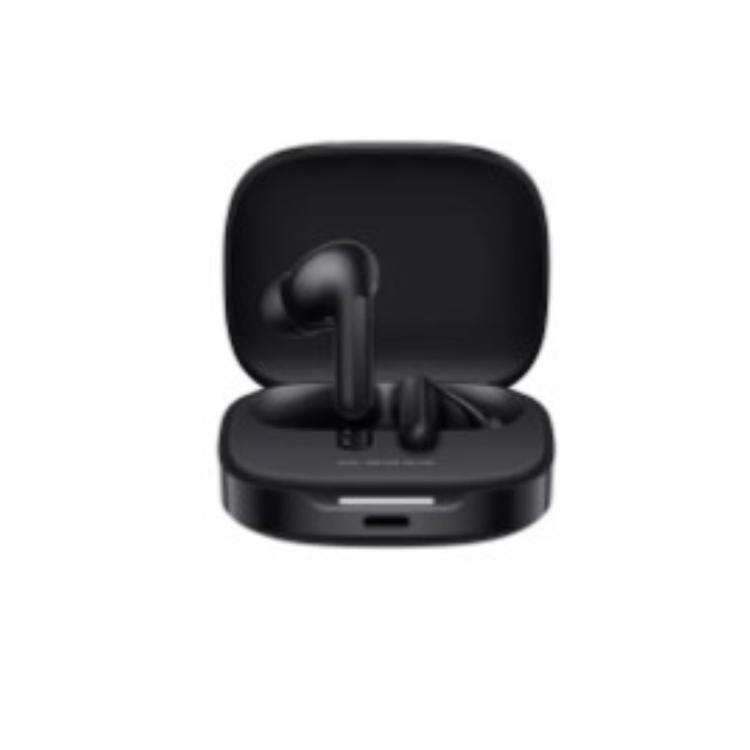 Black wireless earbuds inside a black charging case, isolated on a white background.