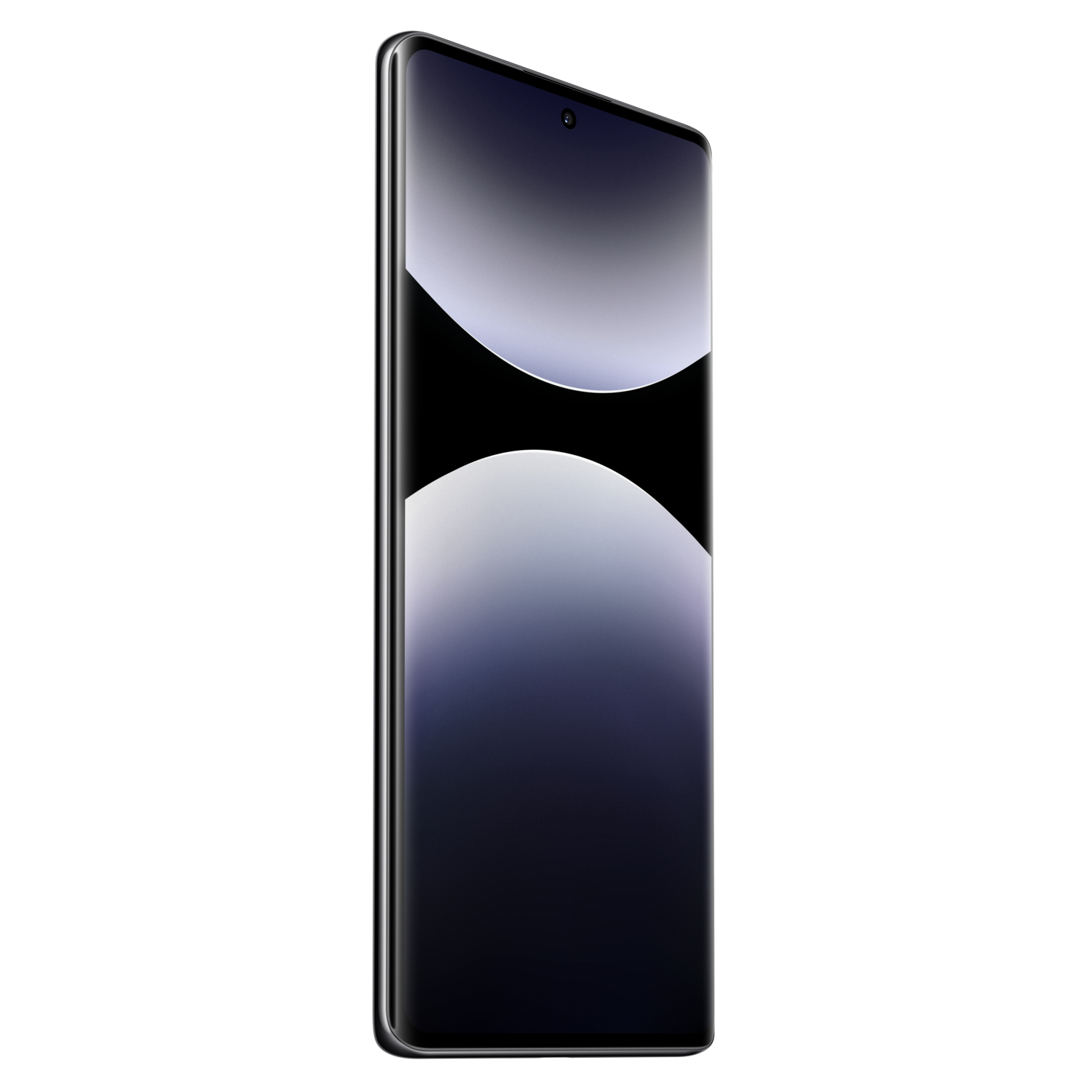 A sleek smartphone with a curved display and a black screen, set against a black background.