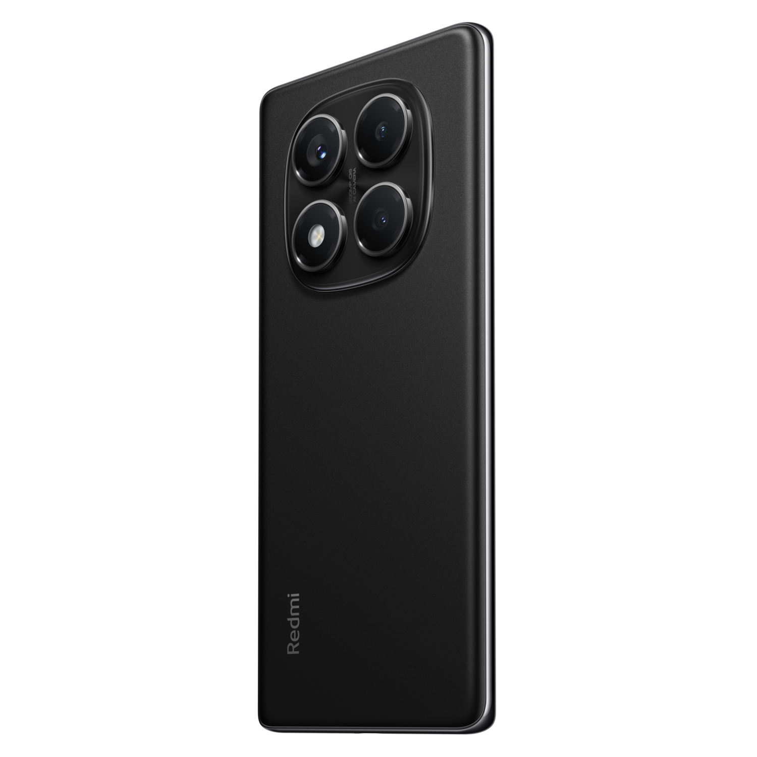 Black smartphone, angled view. Features four rear cameras and the Redmi logo.