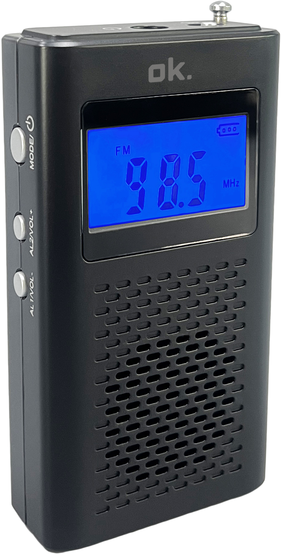Fekete, téglalap alakú hordozható rádió. Kék kijelzőjén 'FM 98.5 MHz' látható, gombokkal.
