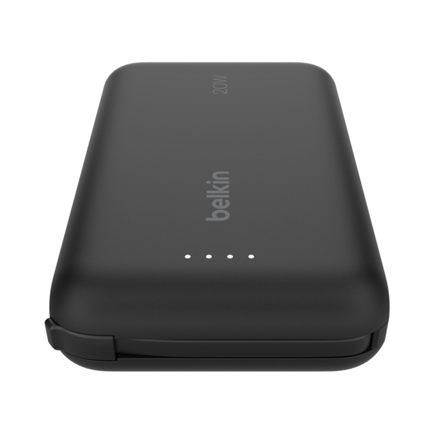 Un power bank Belkin nero, con tre spie bianche di indicazione dell'alimentazione.