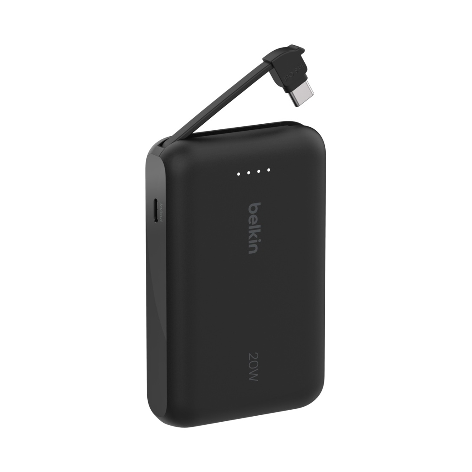 Power bank Belkin nera con cavo USB-C collegato.