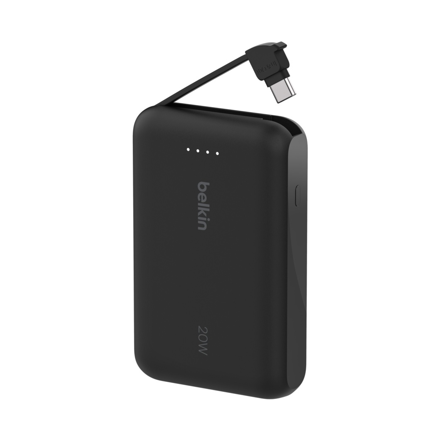 Un power bank Belkin 20W nero con un cavo USB-C collegato.