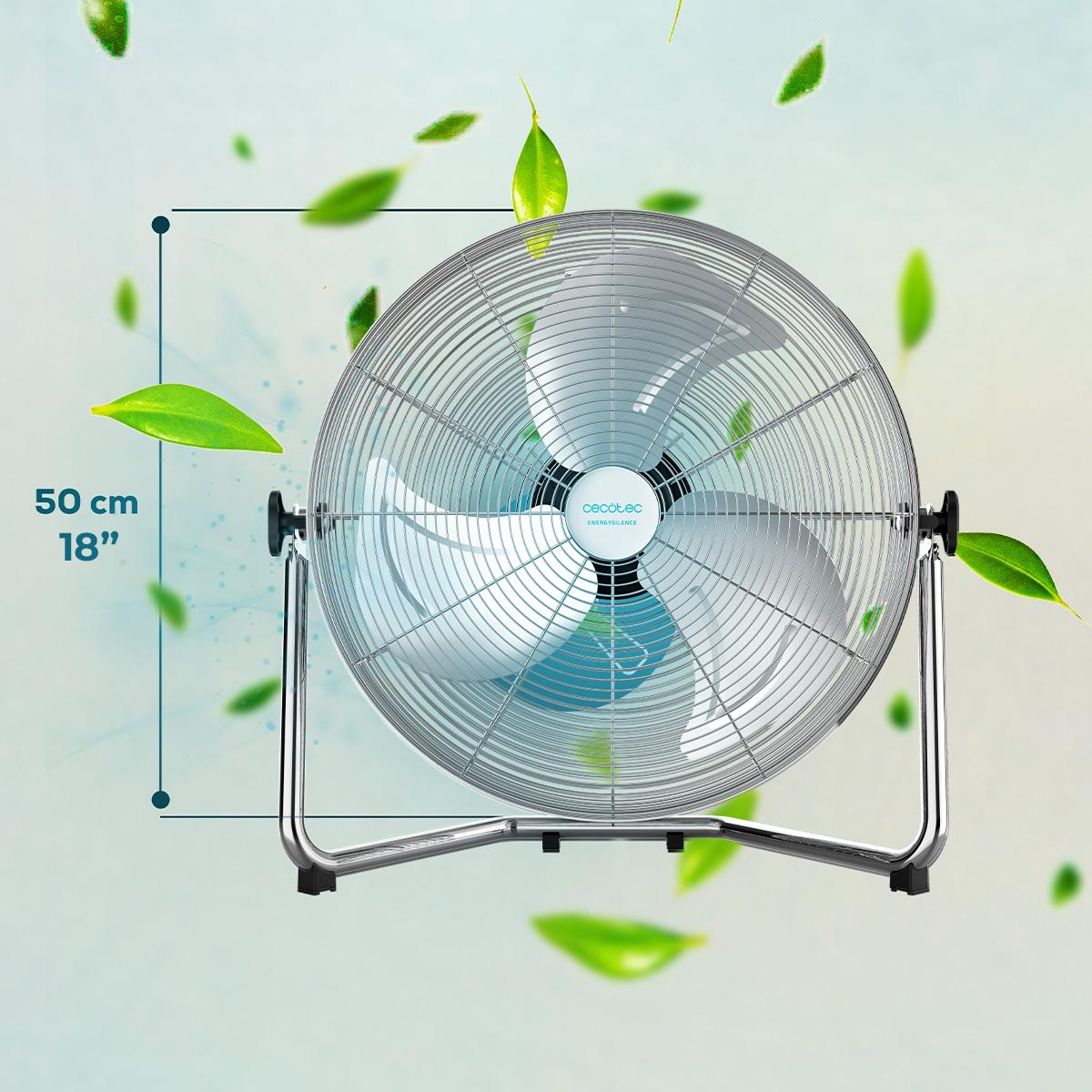Ventilador plateado con aspas, hojas flotando, mostrando tamaño en cm y pulgadas.