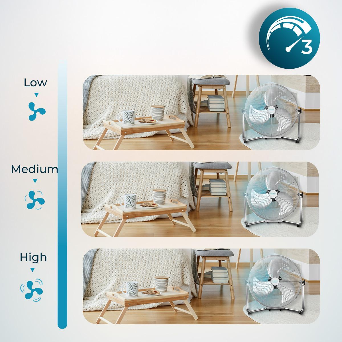 Tres imágenes que muestran los ajustes de velocidad del ventilador: Bajo, Medio y Alto, con iconos de ventilador.