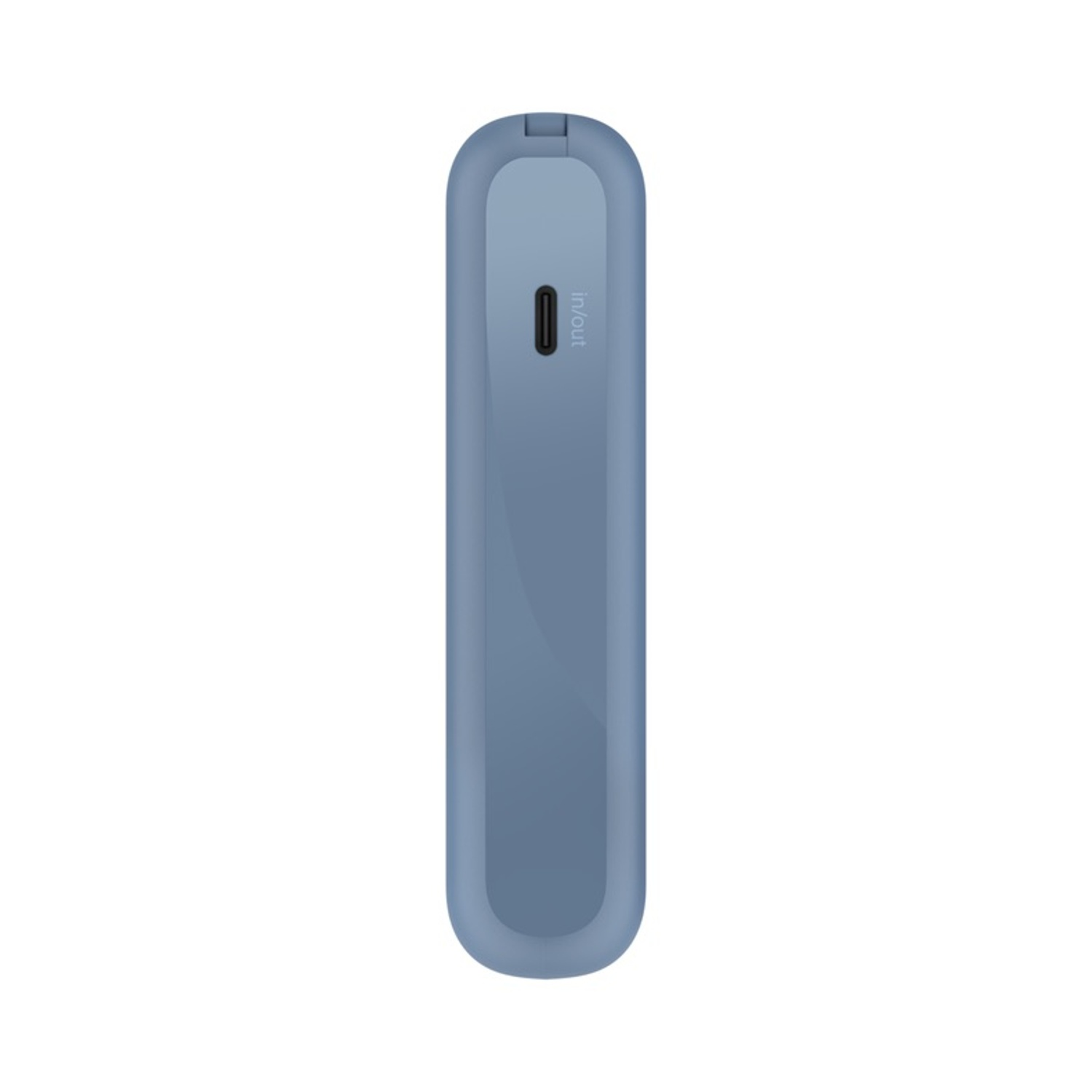 Un power bank blu, cilindrico, con una porta USB in/out sulla sua estremità superiore.