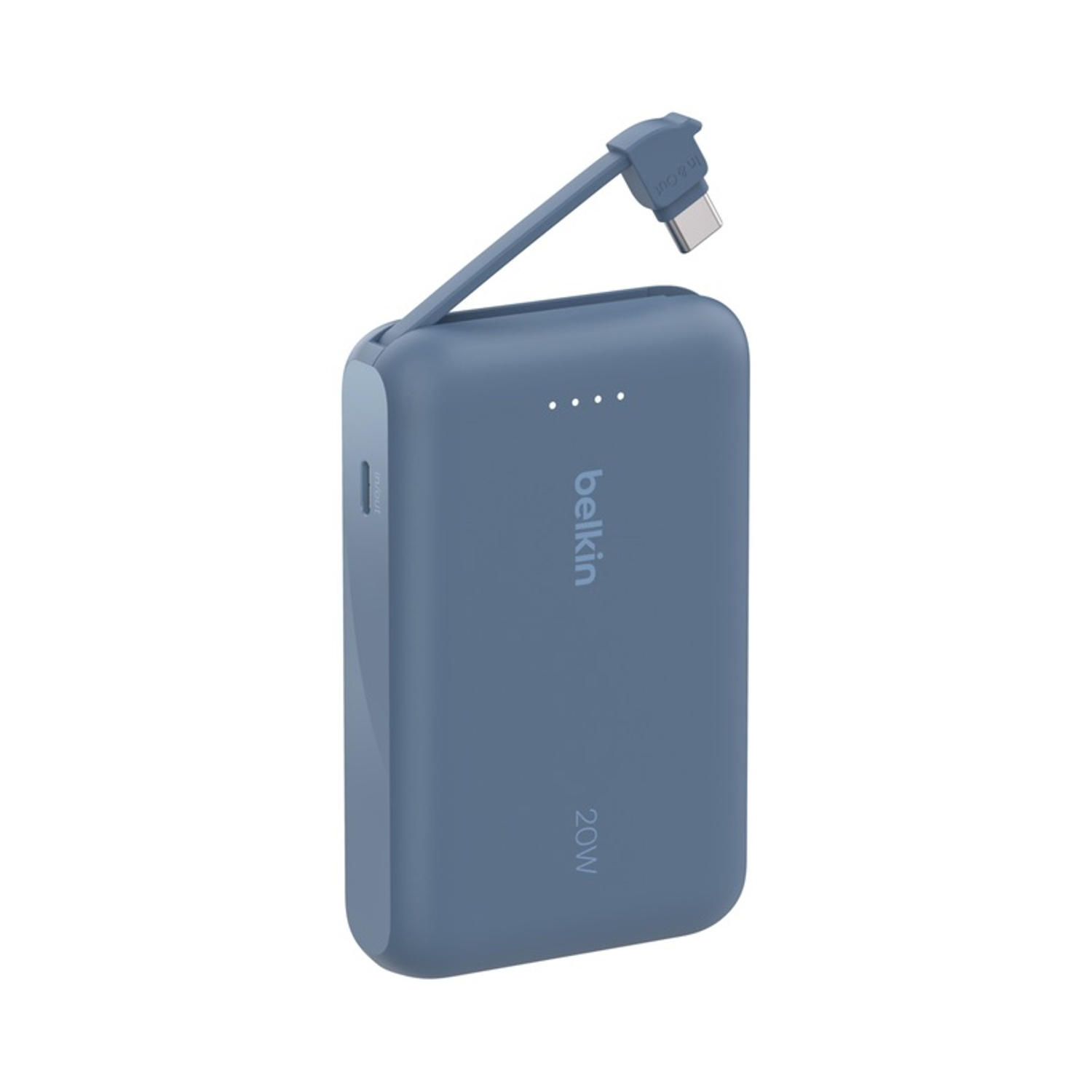 Un caricabatterie portatile Belkin blu con un cavo che si estende dalla parte superiore.