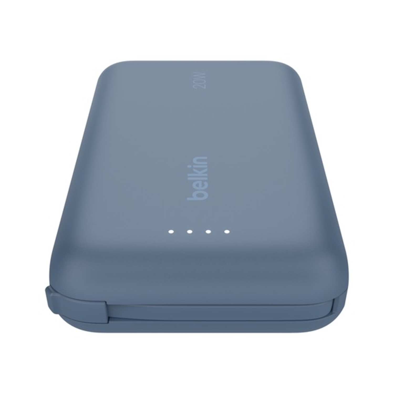 Power bank Belkin blu, rettangolare con bordi arrotondati, su sfondo bianco.