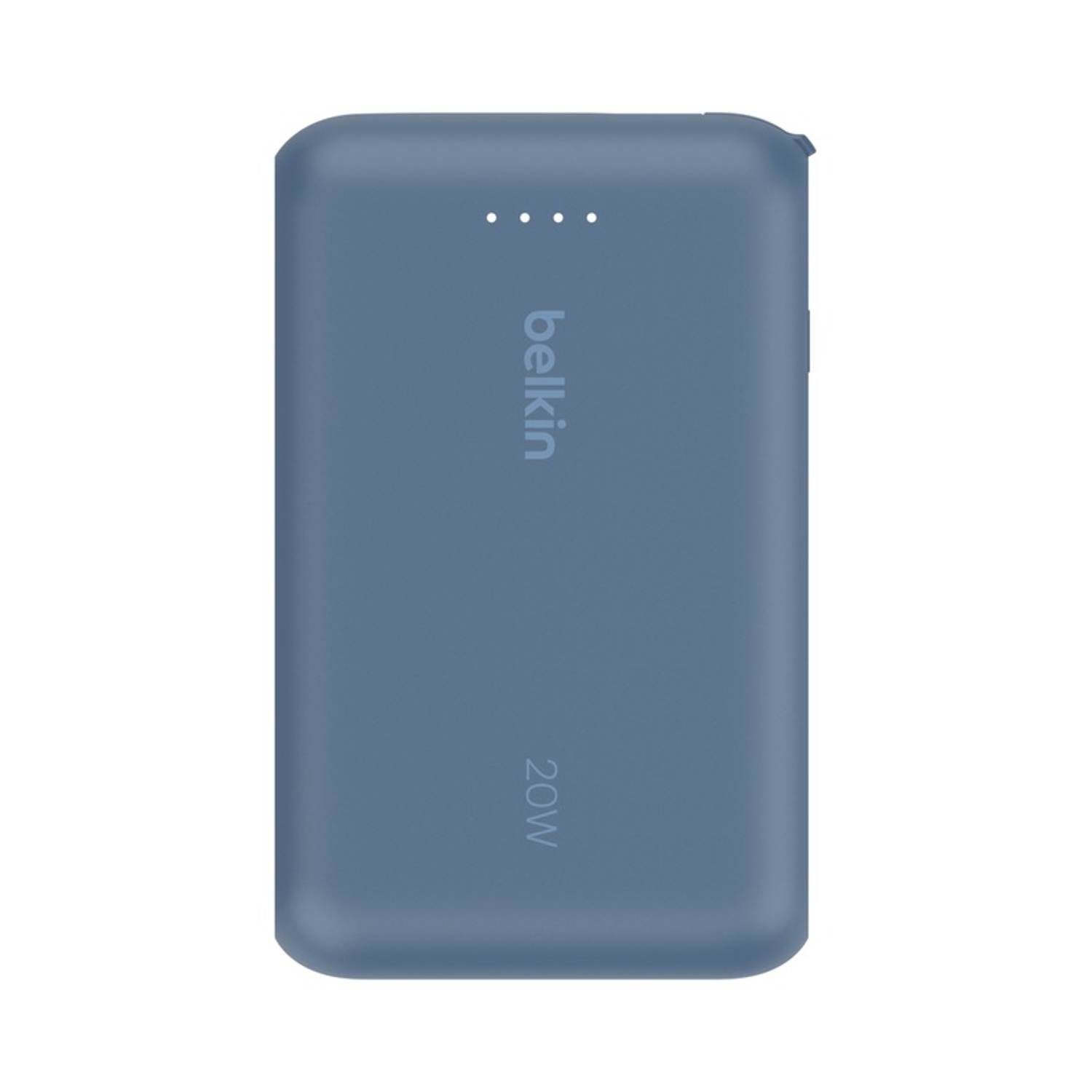 Un power bank Belkin 20W blu. Ha quattro spie bianche in alto.