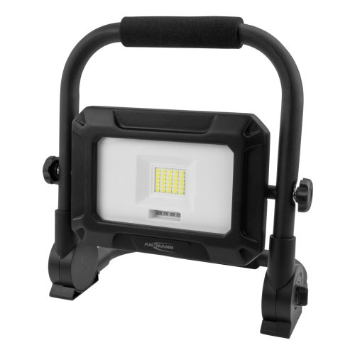 Schwarze Arbeitsleuchte mit Griff. Weißes Lichtpanel mit vielen kleinen LEDs. Schwarzer Rahmen und Sockel.